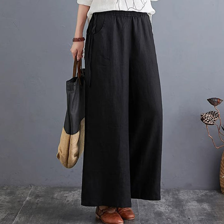 Pantaloni a gamba larga da donna in cotone e lino con tasche, design semplice e a vita alta, Buddha Stones