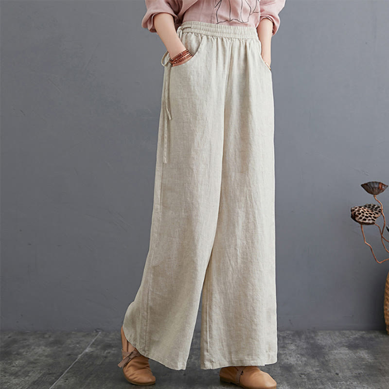 Pantaloni a gamba larga da donna in cotone e lino con tasche, design semplice e a vita alta, Buddha Stones