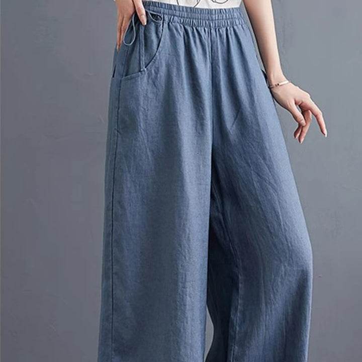 Pantaloni a gamba larga da donna in cotone e lino con tasche, design semplice e a vita alta, Buddha Stones
