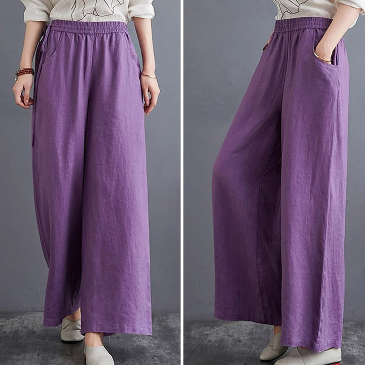 Pantaloni a gamba larga da donna in cotone e lino con tasche, design semplice e a vita alta, Buddha Stones