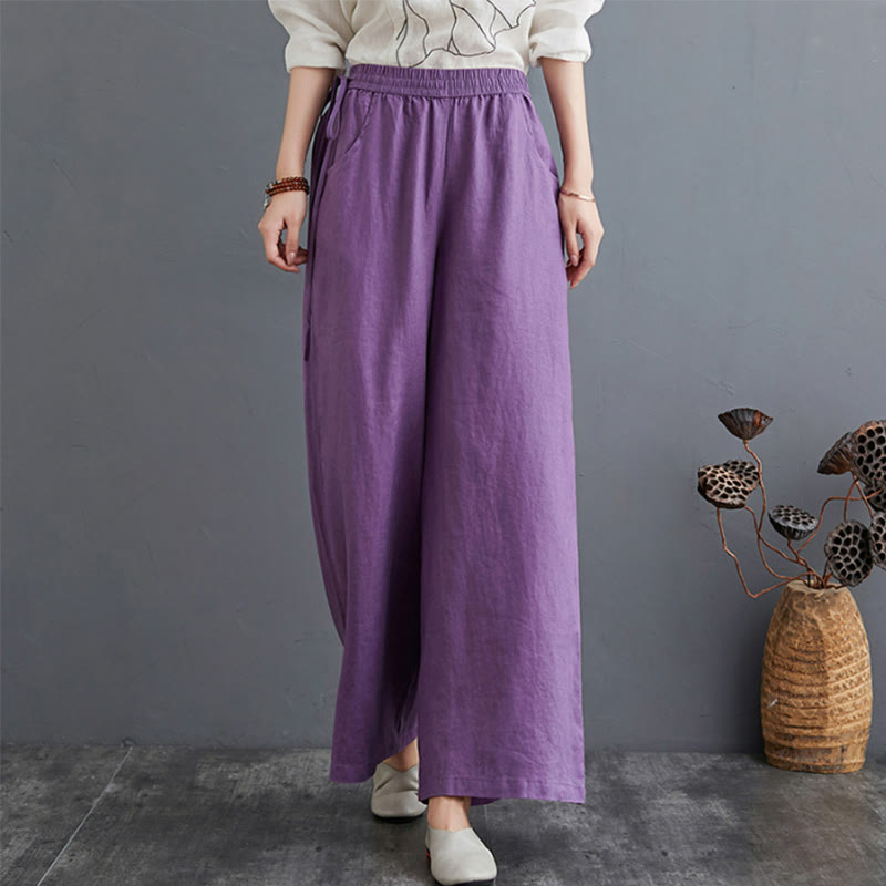 Pantaloni a gamba larga da donna in cotone e lino con tasche, design semplice e a vita alta, Buddha Stones
