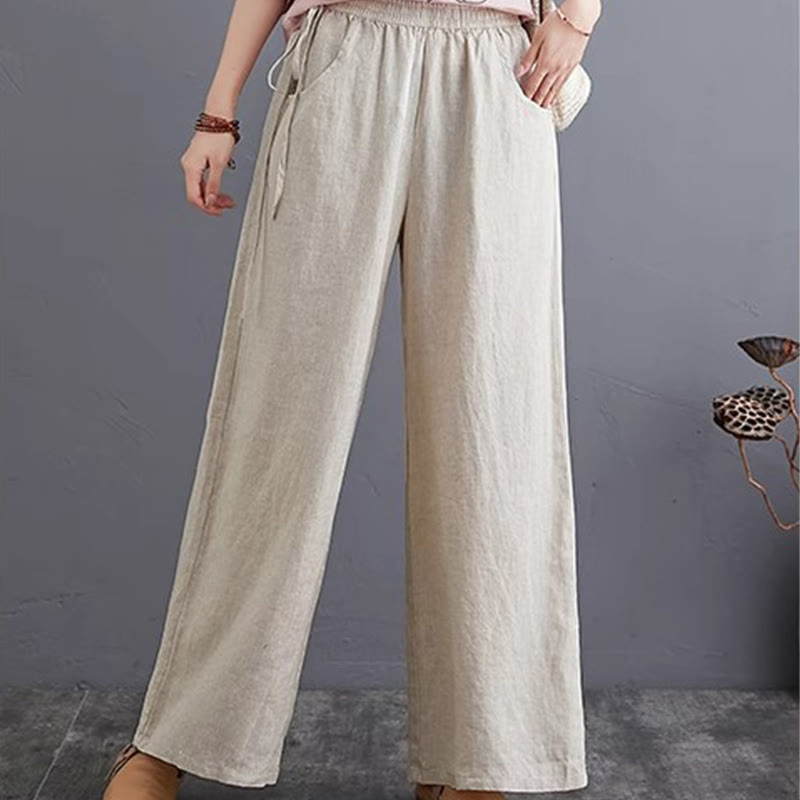 Pantaloni a gamba larga da donna in cotone e lino con tasche, design semplice e a vita alta, Buddha Stones