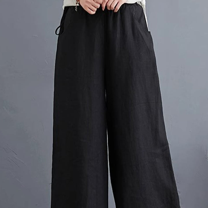 Pantaloni a gamba larga da donna in cotone e lino con tasche, design semplice e a vita alta, Buddha Stones