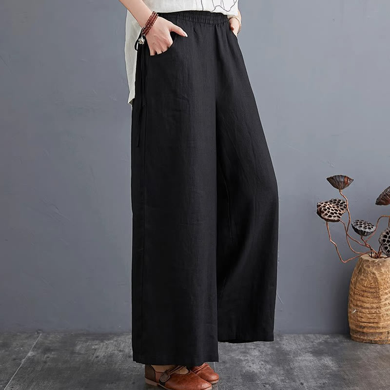 Pantaloni a gamba larga da donna in cotone e lino con tasche, design semplice e a vita alta, Buddha Stones