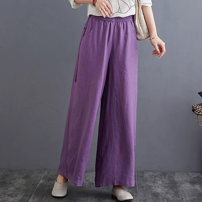 Pantaloni a gamba larga da donna in cotone e lino con tasche, design semplice e a vita alta, Buddha Stones