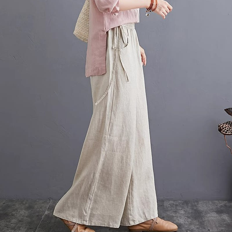 Pantaloni a gamba larga da donna in cotone e lino con tasche, design semplice e a vita alta, Buddha Stones