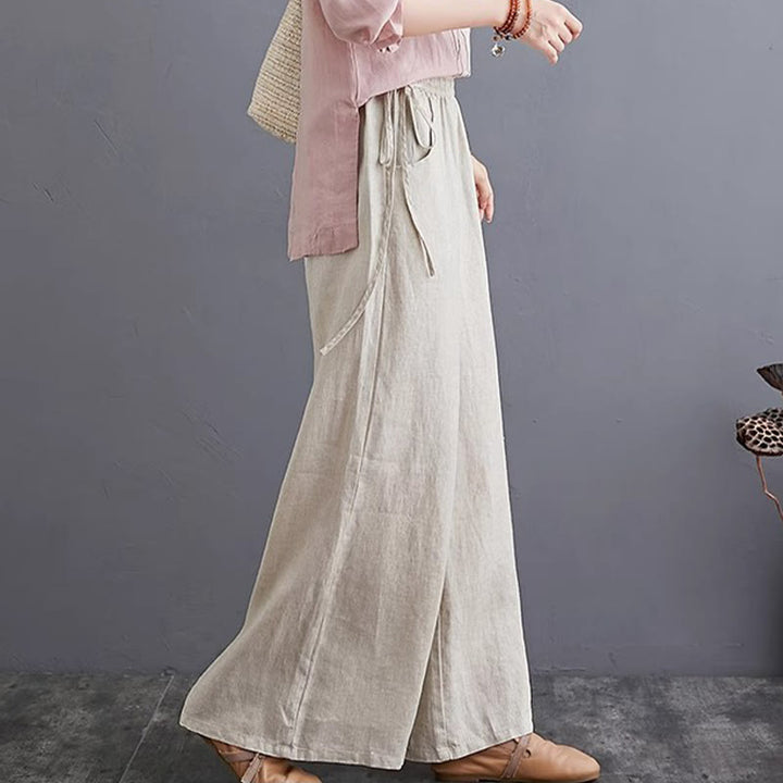 Pantaloni a gamba larga da donna in cotone e lino con tasche, design semplice e a vita alta, Buddha Stones