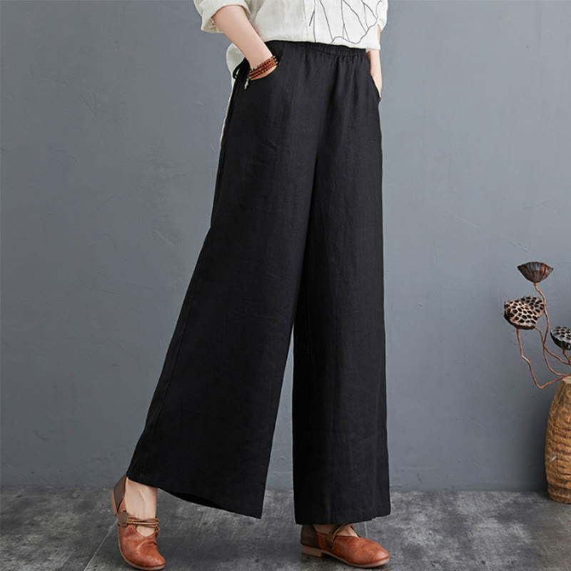 Pantaloni a gamba larga da donna in cotone e lino con tasche, design semplice e a vita alta, Buddha Stones