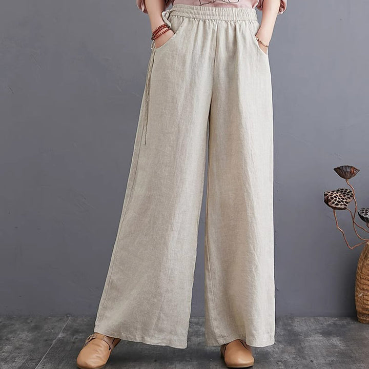 Pantaloni a gamba larga da donna in cotone e lino con tasche, design semplice e a vita alta, Buddha Stones
