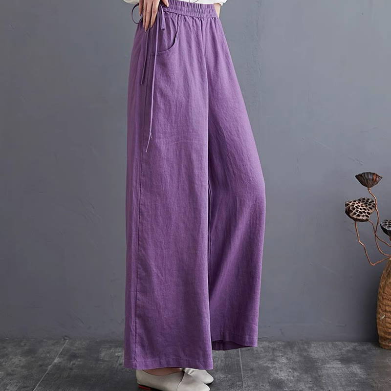 Pantaloni a gamba larga da donna in cotone e lino con tasche, design semplice e a vita alta, Buddha Stones