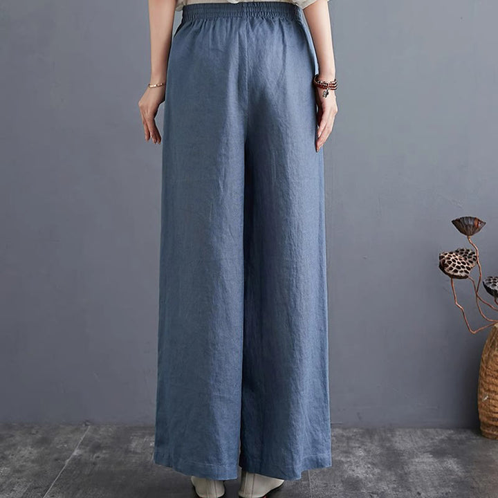 Pantaloni a gamba larga da donna in cotone e lino con tasche, design semplice e a vita alta, Buddha Stones