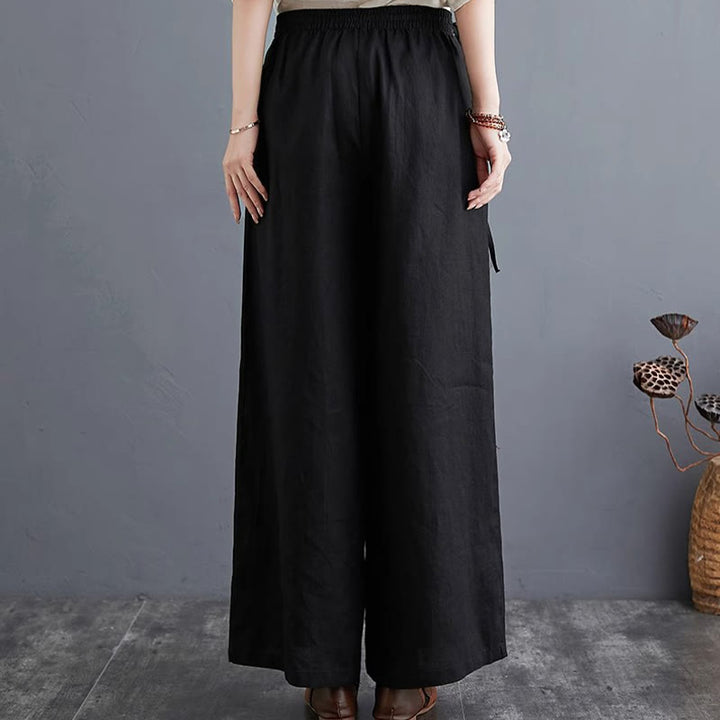 Pantaloni a gamba larga da donna in cotone e lino con tasche, design semplice e a vita alta, Buddha Stones