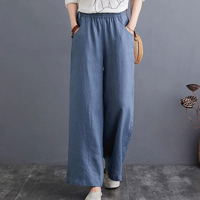 Pantaloni a gamba larga da donna in cotone e lino con tasche, design semplice e a vita alta, Buddha Stones