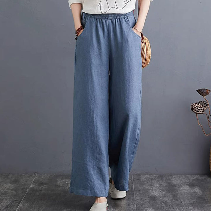 Pantaloni a gamba larga da donna in cotone e lino con tasche, design semplice e a vita alta, Buddha Stones