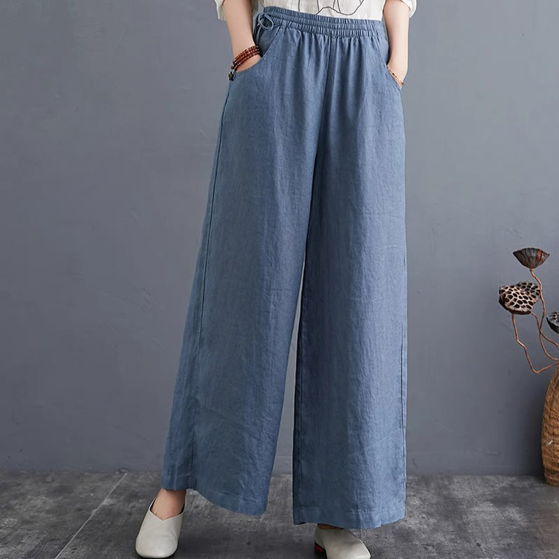 Pantaloni a gamba larga da donna in cotone e lino con tasche, design semplice e a vita alta, Buddha Stones