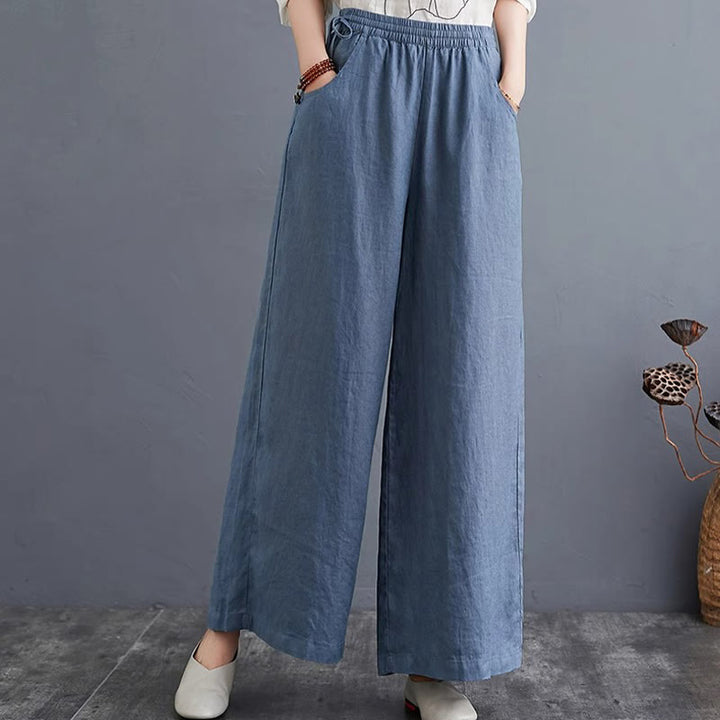 Pantaloni a gamba larga da donna in cotone e lino con tasche, design semplice e a vita alta, Buddha Stones