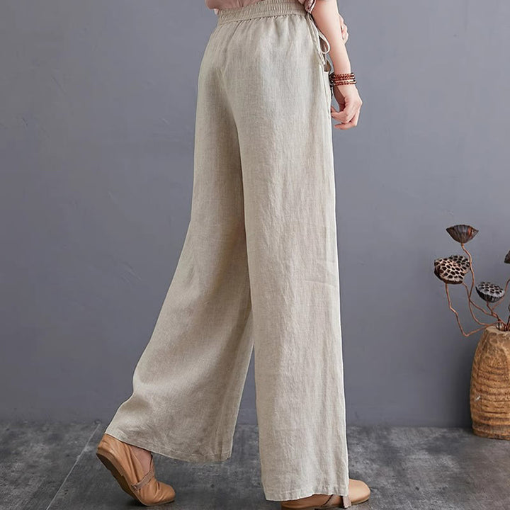 Pantaloni a gamba larga da donna in cotone e lino con tasche, design semplice e a vita alta, Buddha Stones