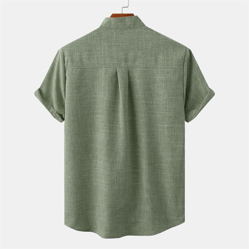 Camicia da uomo estiva Buddha Stones con bottoni e maniche corte in cotone e lino con tasca