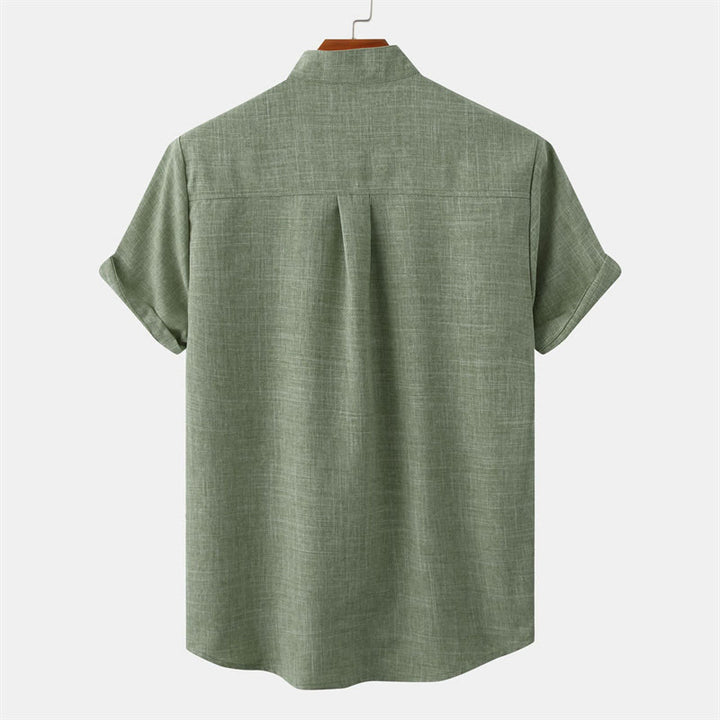 Camicia da uomo estiva Buddha Stones con bottoni e maniche corte in cotone e lino con tasca