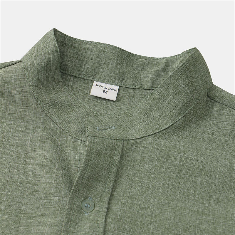 Camicia da uomo estiva Buddha Stones con bottoni e maniche corte in cotone e lino con tasca