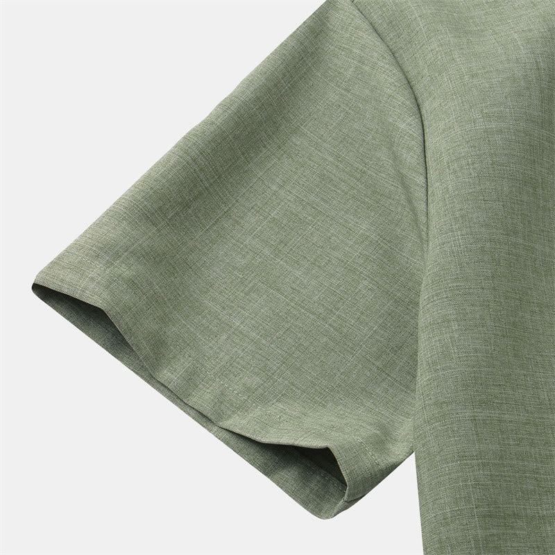 Camicia da uomo estiva Buddha Stones con bottoni e maniche corte in cotone e lino con tasca