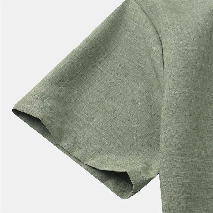 Camicia da uomo estiva Buddha Stones con bottoni e maniche corte in cotone e lino con tasca