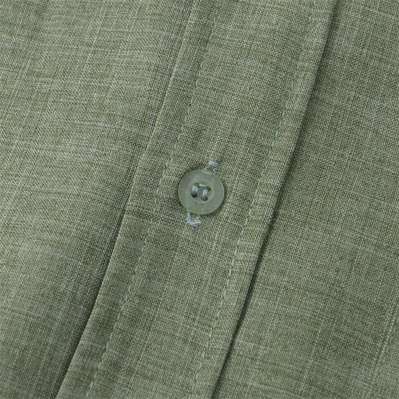 Camicia da uomo estiva Buddha Stones con bottoni e maniche corte in cotone e lino con tasca