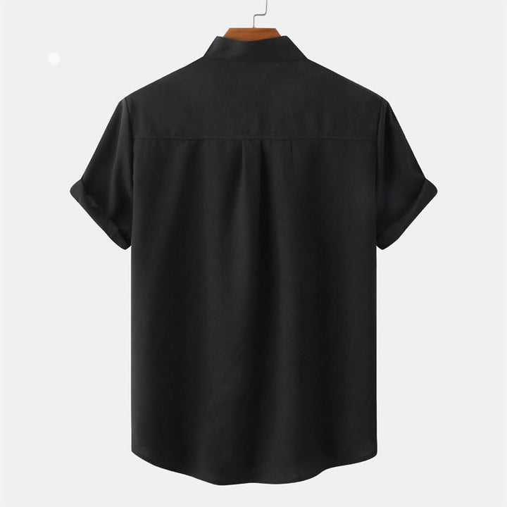Camicia da uomo estiva Buddha Stones con bottoni e maniche corte in cotone e lino con tasca