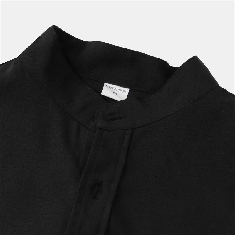 Camicia da uomo estiva Buddha Stones con bottoni e maniche corte in cotone e lino con tasca