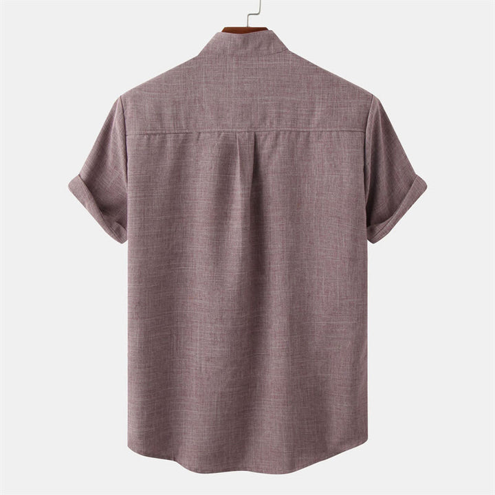 Camicia da uomo estiva Buddha Stones con bottoni e maniche corte in cotone e lino con tasca