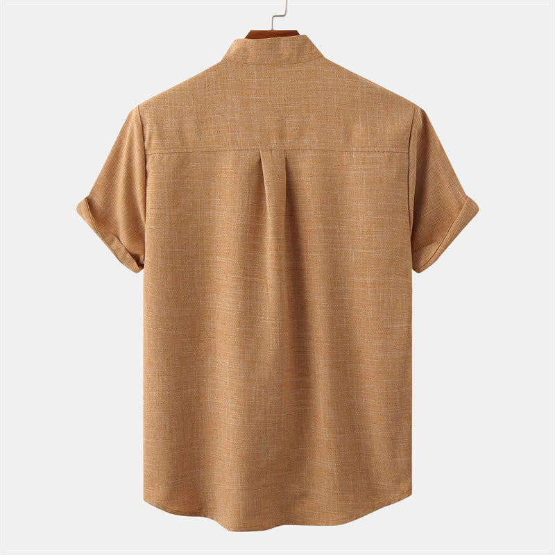 Camicia da uomo estiva Buddha Stones con bottoni e maniche corte in cotone e lino con tasca