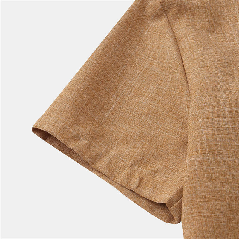 Camicia da uomo estiva Buddha Stones con bottoni e maniche corte in cotone e lino con tasca
