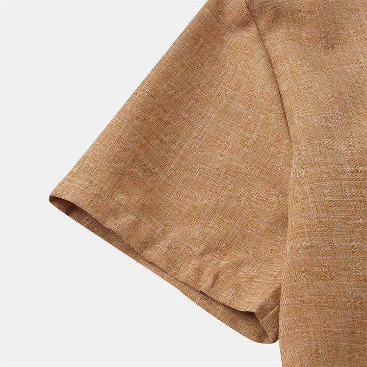Camicia da uomo estiva Buddha Stones con bottoni e maniche corte in cotone e lino con tasca
