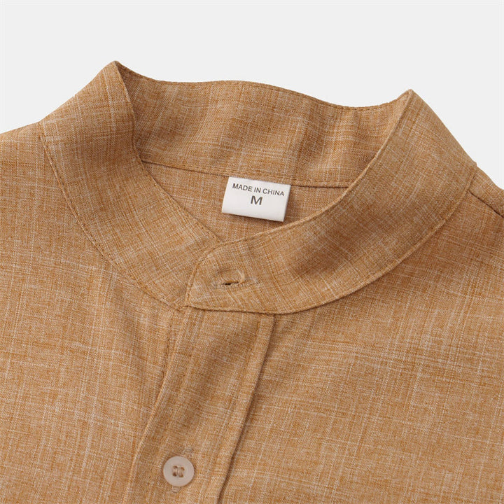 Camicia da uomo estiva Buddha Stones con bottoni e maniche corte in cotone e lino con tasca