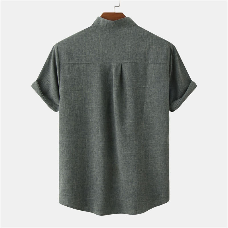 Camicia da uomo estiva Buddha Stones con bottoni e maniche corte in cotone e lino con tasca