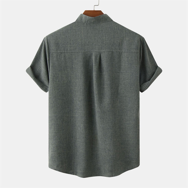 Camicia da uomo estiva Buddha Stones con bottoni e maniche corte in cotone e lino con tasca