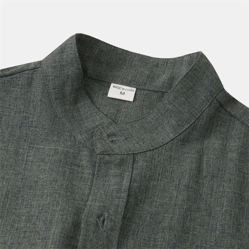 Camicia da uomo estiva Buddha Stones con bottoni e maniche corte in cotone e lino con tasca