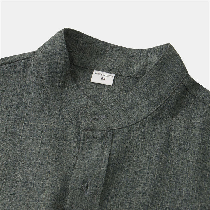 Camicia da uomo estiva Buddha Stones con bottoni e maniche corte in cotone e lino con tasca