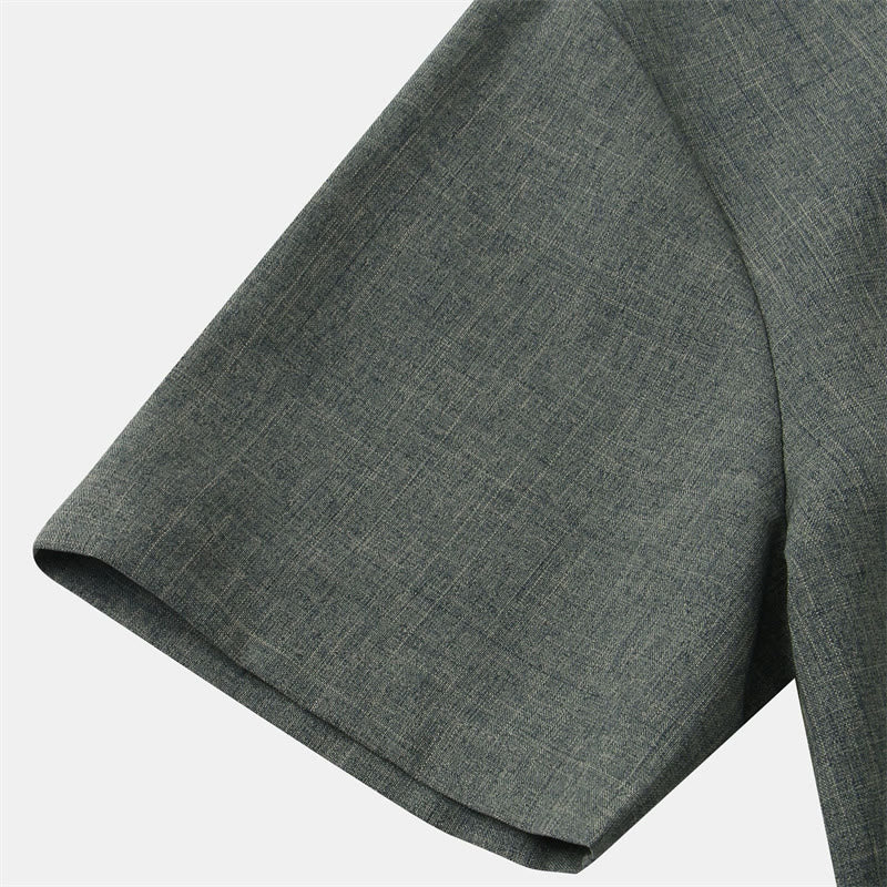 Camicia da uomo estiva Buddha Stones con bottoni e maniche corte in cotone e lino con tasca