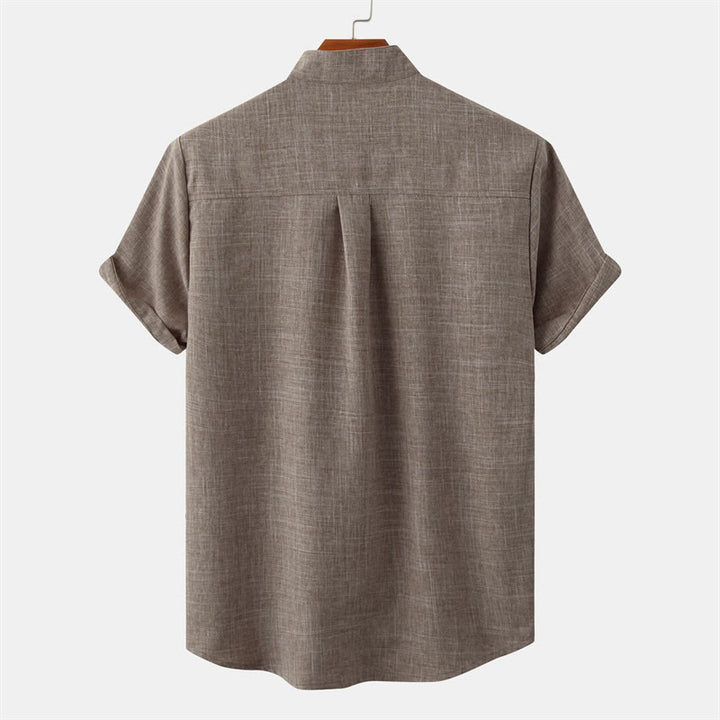 Camicia da uomo estiva Buddha Stones con bottoni e maniche corte in cotone e lino con tasca