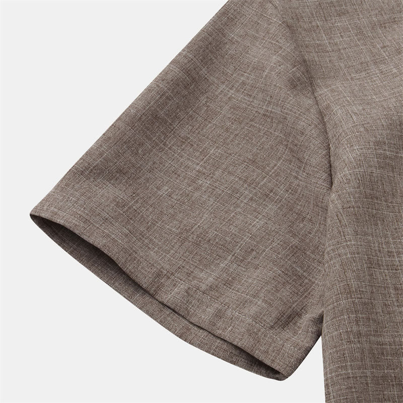 Camicia da uomo estiva Buddha Stones con bottoni e maniche corte in cotone e lino con tasca