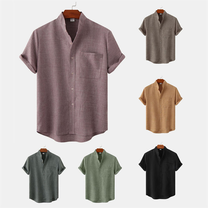 Camicia da uomo estiva Buddha Stones con bottoni e maniche corte in cotone e lino con tasca