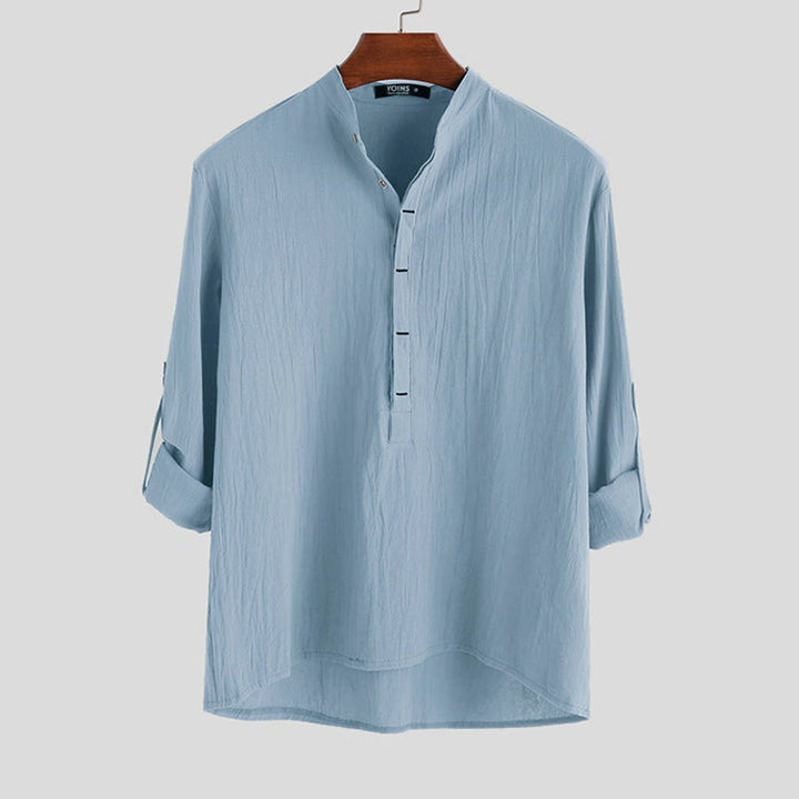 Camicie da uomo in cotone e lino a maniche lunghe con bottoni a tinta unita e Buddha Stones - AzzurroCielo Chiaro - US/UK/AU42, EU52 (3XL) - image 3