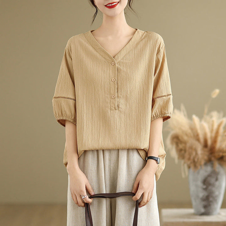 Buddha Stones Summer Casual Pure Mezza Manica a Sbuffo Mezza Bottone Scollo a V T-Shirt da Donna