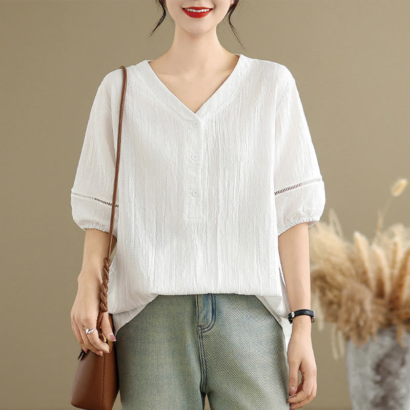 Buddha Stones Summer Casual Pure Mezza Manica a Sbuffo Mezza Bottone Scollo a V T-Shirt da Donna