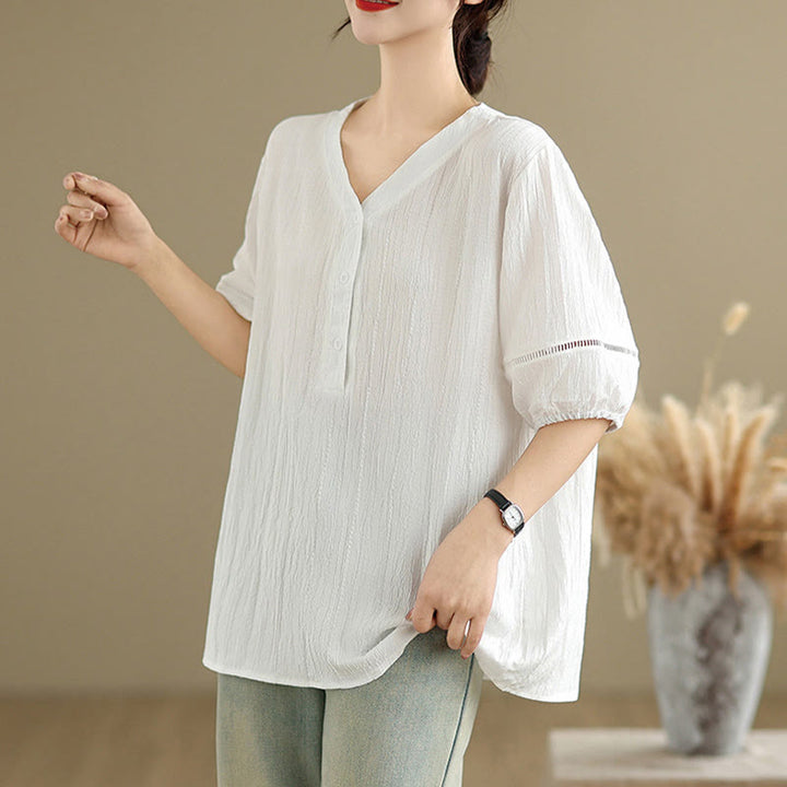 Buddha Stones Summer Casual Pure Mezza Manica a Sbuffo Mezza Bottone Scollo a V T-Shirt da Donna