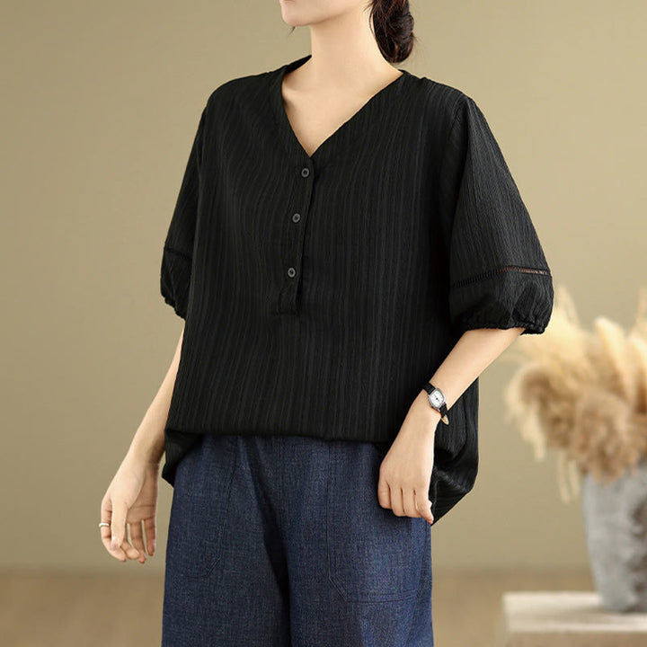 Buddha Stones Summer Casual Pure Mezza Manica a Sbuffo Mezza Bottone Scollo a V T-Shirt da Donna