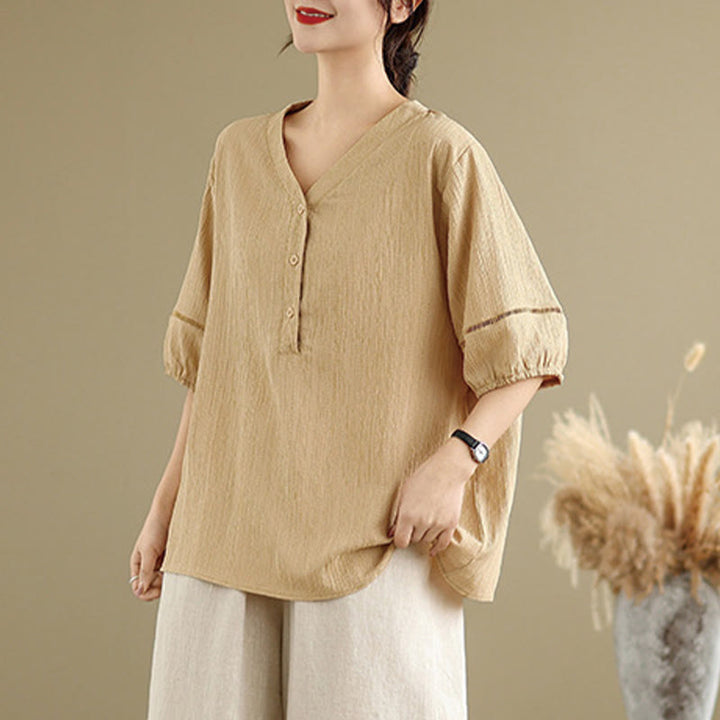 Buddha Stones Summer Casual Pure Mezza Manica a Sbuffo Mezza Bottone Scollo a V T-Shirt da Donna