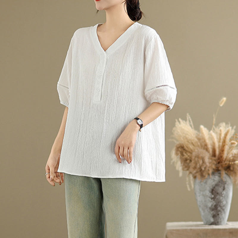 Buddha Stones Summer Casual Pure Mezza Manica a Sbuffo Mezza Bottone Scollo a V T-Shirt da Donna