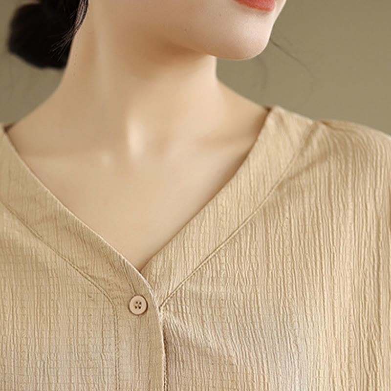 Buddha Stones Summer Casual Pure Mezza Manica a Sbuffo Mezza Bottone Scollo a V T-Shirt da Donna